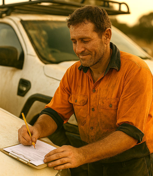 Aussie tradie in orange hi-vis shirt filling out job sheet on the bonnet of his dusty Ford Ranger ute after work for tradies who want invoicing help.