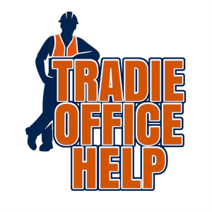 The words Tradie Office Help with an outline of a tradesman leaning on the words.