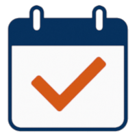 Flat icon of a calendar with a bold orange tick inside – shows monthly booking or confirmed work for tradies using admin support services