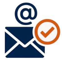 Flat icon showing envelope with @ symbol and orange tick – represents domain email setup for tradies needing a professional business address
