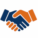 Flat icon of two hands shaking in agreement – navy and burnt orange colours represent a trusted working relationship between a tradie and admin support
