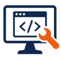 Flat icon of a navy lightbulb with a burnt orange spanner overlay – represents logo design and branding support for tradies who want a professional image